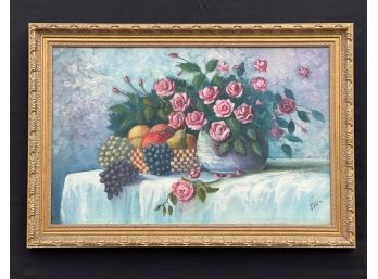 SIGNED OIL On CANVAS- Still Life With Fruit & Rose