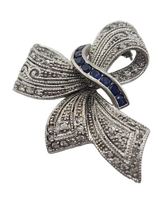 925 Sterling Marcasite Rhinestone Bow Brooch Marked 925 Fas #6196