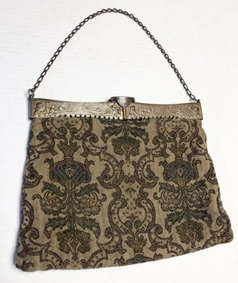 Antique Accordion Metal Frame Fabric Tapestry Embroidery Handbag Purse Bag