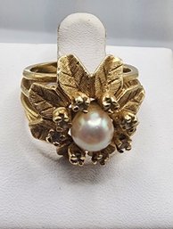 14 K Gold Pearl Diamond Vintage Ring (A5044)