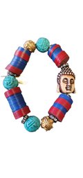 Vintage NOS Bee Charming Semi Precious Bali Beaded Vulcanite Buddha Bracelet (a5128)