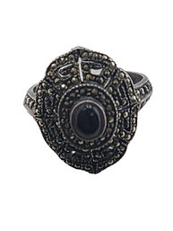 Vintage Sterling And Marcasite Onyx Art Deco Ring Sz 6.25 #6165
