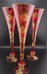 Set Of 3 Cranberry Flashed Painted Bohemian Glass Flute Vases #6258