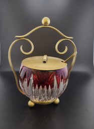 Antique Cranberry Flashed Jam Jar In Hallmarked Brass Holder # 6277