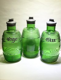 Rare Early Antique Green Barrel Glass Decanters Bottles With Rye & Gin Tags