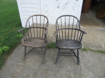 2 Old Painted Oak Firehouse Windsor Arm Chairs