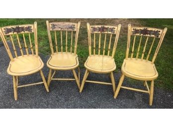 4 Antique Yellow Painted Thumb Back Chairs