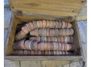 Vintage Wood Box Full Of Clay Pots