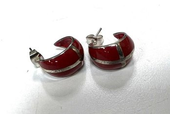 142. Vintage Sterling Silver And Red Enamel Earrings
