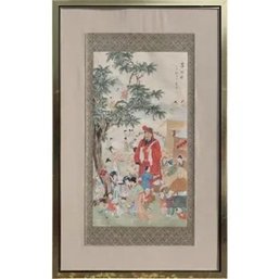 120. Chinese Painting On Silk Panel - Garden Scene With Many Figures