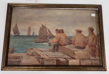 178. Signed 1896 Watercolor Men And Boats