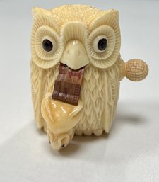 59. Vintage Carved Owl With Mouse Tape Measuring Tool