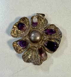 15. Modernist Sterling Silver Amethyst Flower Brooch Pendant