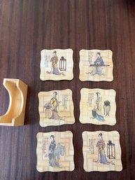 5. Vintage Japanese Geishas Natural Coasters Set With Caddy (6)