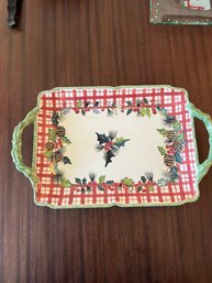 91.Double Handled Christmas Pottery Tray & A Second