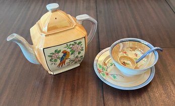 101.Antique Lustreware Teapot, Service Bowl, Ladle And Underplate