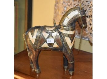 58. Carved Wooden Horse Inlayed Stone & Metal