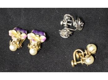 176. Sterling Silver Rose Earrings & 12 GF Pearl & A 3rd Pr.