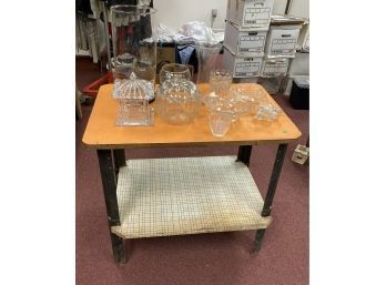 65. Industrial Table & Assorted Glassware