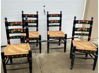 Set Of Four(4) American Painted Rush-Seat Ladder Back Chairs