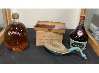 Dealers Lot Of Misc Wooden Boxes, Japanese Bronze Bowl, Pinch Whiskey And More