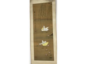 Japanese Hand Painted Scroll: Ducks On The Water
