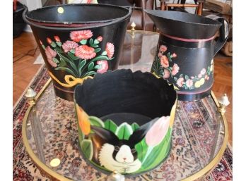 110. Decorative Bucket, Pitcher And Other Hand Painted Bin