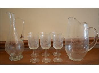 90. Wine Decanter, Six Glasses & Pitcher