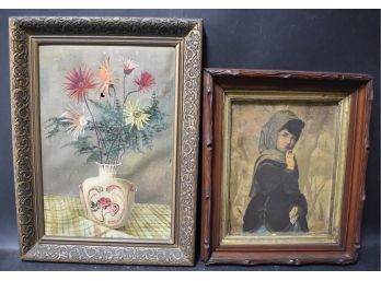 124. Antique Oil On Canvas Still Life With As Print Sgd. (2)