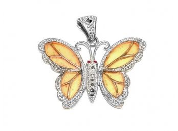 Vintage Sterling, Marcasite, Lucite Plique-a-Jour Butterfly Pendant