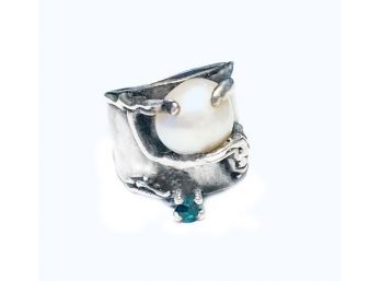 Vintage Modernist Free-Form Sterling, Mabe Pearl Ring W/ Glass Emerald