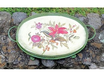 Vintage Tole-Painted Metal Tray With Lion Feet, Handles, Needs A Little Paint Work