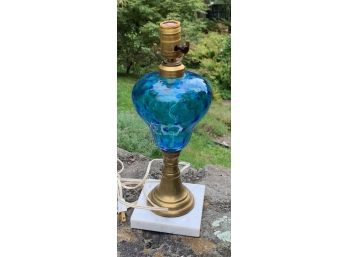 Antique Blue Glass Converted? Oil Lamp, Marble Base, Works, No Issues