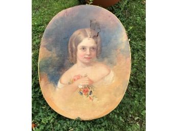 Antique Oil/Canvas, Portrait Of Little Girl, Desperately Needing Restoration