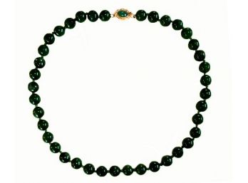 Vintage Jade Necklace, Deep Forest Green, Individually Knotted, Silver & Cabochon Clasp