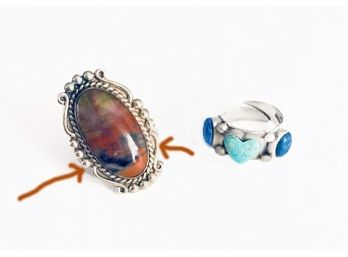 Two Native American Rings, 1 With Turquoise & Lapis, Oval Stone Ring 'As Found'