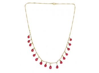 Vintage Raspberry Quartz Stone Drop & Gold-Plated Necklace