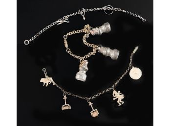 Group Vintage Charm Bracelets, Sterling, Brass & Glass