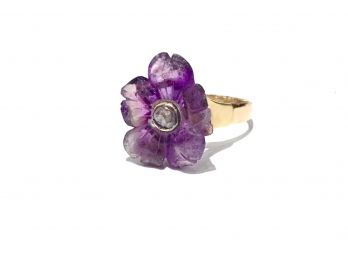 C. 1920s French 18K Gold, Rose Cut Diamond & Carved Amethyst Flower Ring