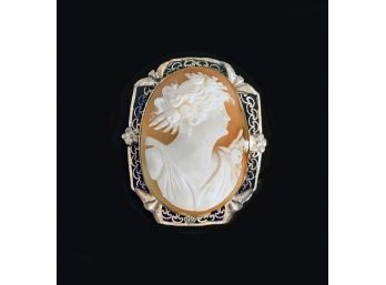 Vintage Carved Shell Cameo, Belle Epoque Woman, Filigree Setting