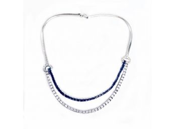 Unsigned Designer Necklace, Square-Cut Sapphires & Diamond Stones, Snake Chain, Rhodium Plated