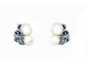 Vintage Cultured Pearl, Sterling Grape Leaf Earrings