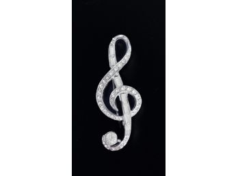 Vintage Rhinestone & Rhodium-Plated Musical Note Pin