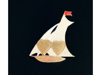 1940s-50s Sailboat Pin With Hearts For Engraved Names/Initials (never Used)