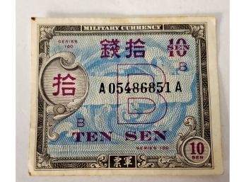 Vintage Military World War 2 WW2 Payment Currency Obsolete Banknote Ten Sen Lot #608