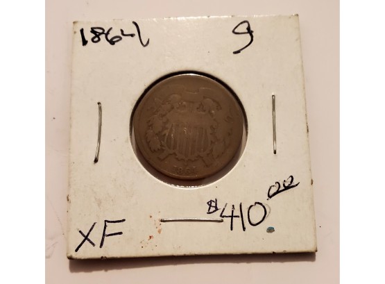 Old 1864 Civil War Era Key Date 2 Cent Penny Coin Military Lot #166