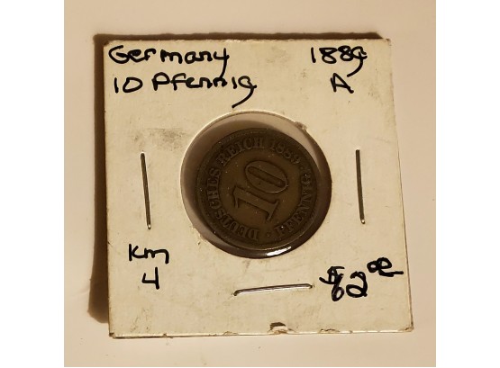 Old 1889 A Germany 10 Pfennig Foreign Coin German Empire Lot #9