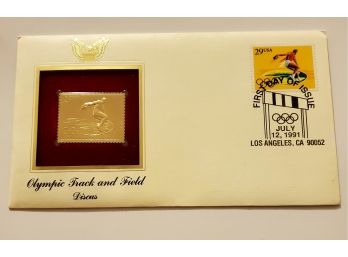 Vintage 1991 Olympic Track And Field 22K Gold Replica Stamp First Day Of Issue Cover Los Angeles, CA Lot #113