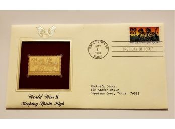 Vintage 1993 World War 2 WW2 Keeping Spirits High 22K Gold Replica Stamp First Day Issue Cover  Lot 120
