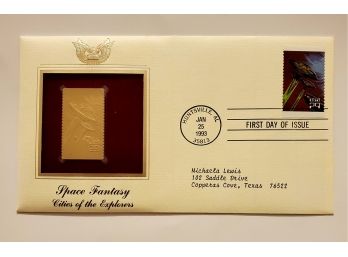 Vintage 1993 Space Fantasy Cities Of The Explorers 22K Gold Replica Stamp First Day Issue Cover  Lot 126